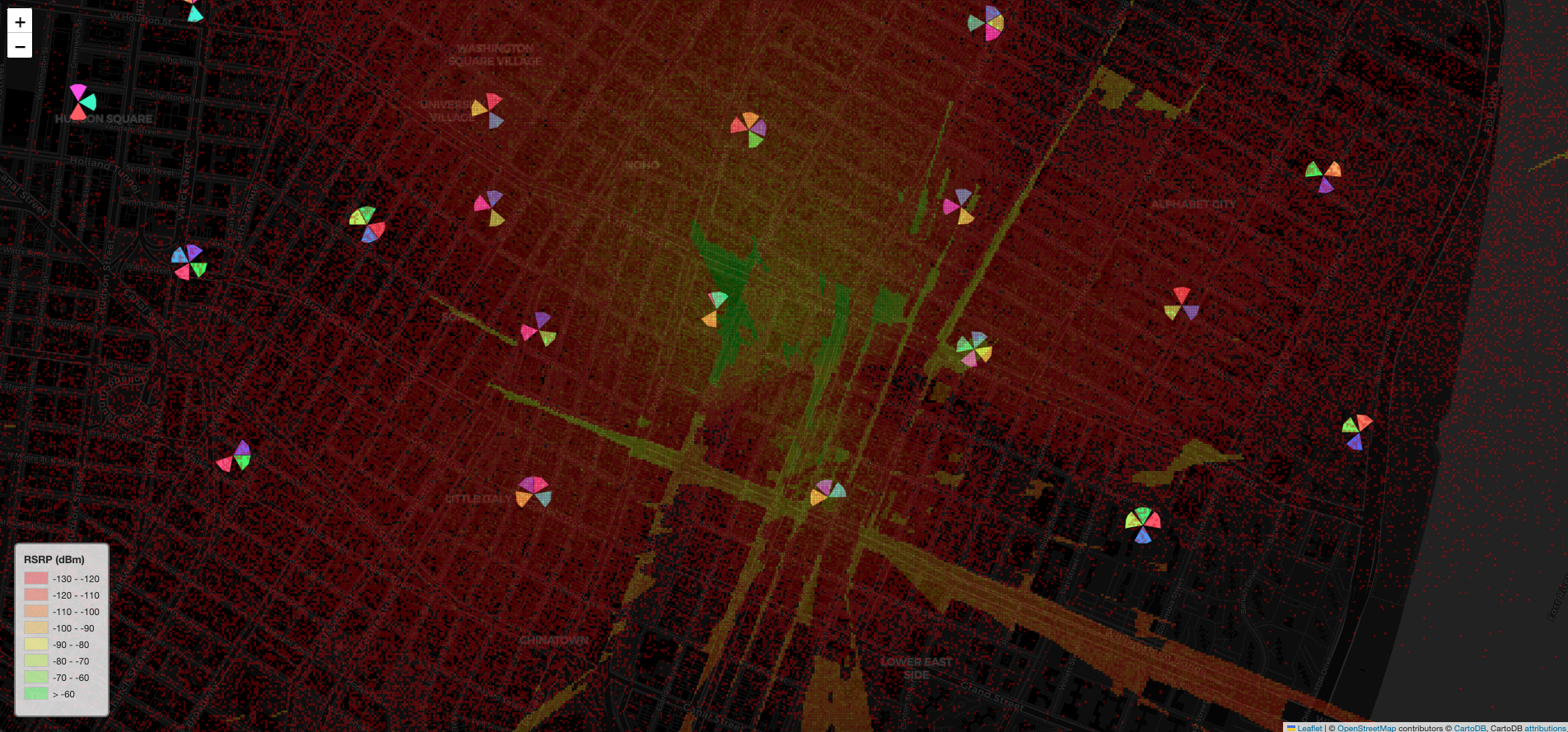 Network-wide RSRP coverage analysis showing optimized tilt configurations across an urban cell cluster