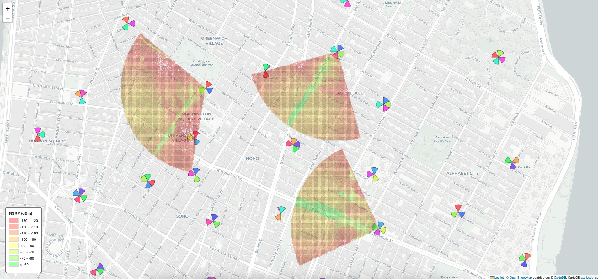 Multi-cell coverage analysis showing coordinated RSRP sectors across a Manhattan cell cluster
